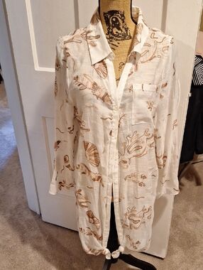 Women’s White Beach Cover-Up with Tan Shell Print